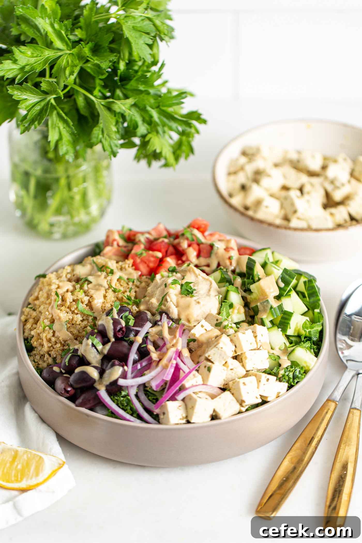 Colorful bowl of quinoa, chopped tomato and peppers, red onion, olives and tofu.