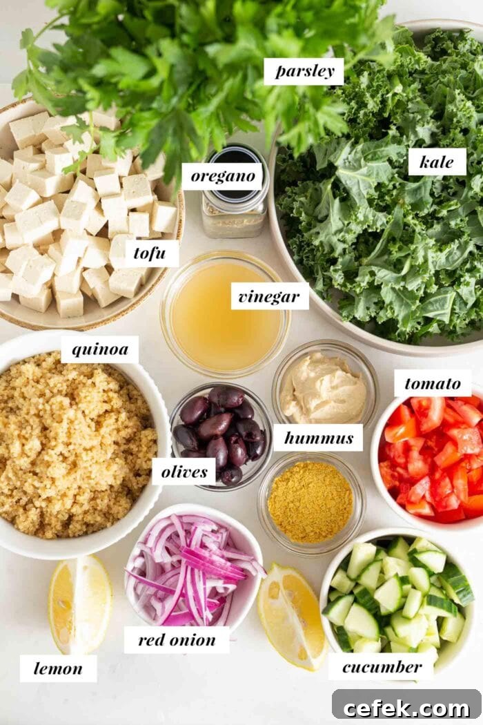 Labelled list of ingredients for a Mediterranean quinoa salad bowl with olives and hummus.