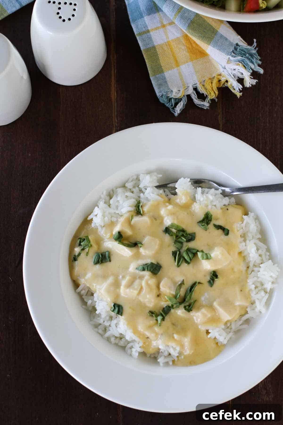 Overhead view of a deep plate full of Cheesy Sour Cream Chicken.