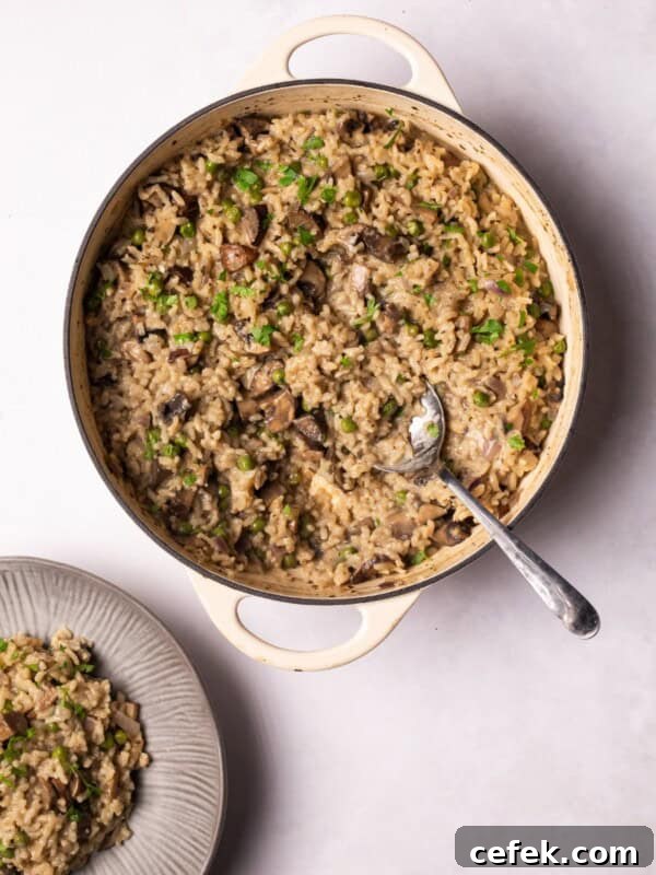 Vegan Mushroom Risotto served on a plate and in a serving dish.