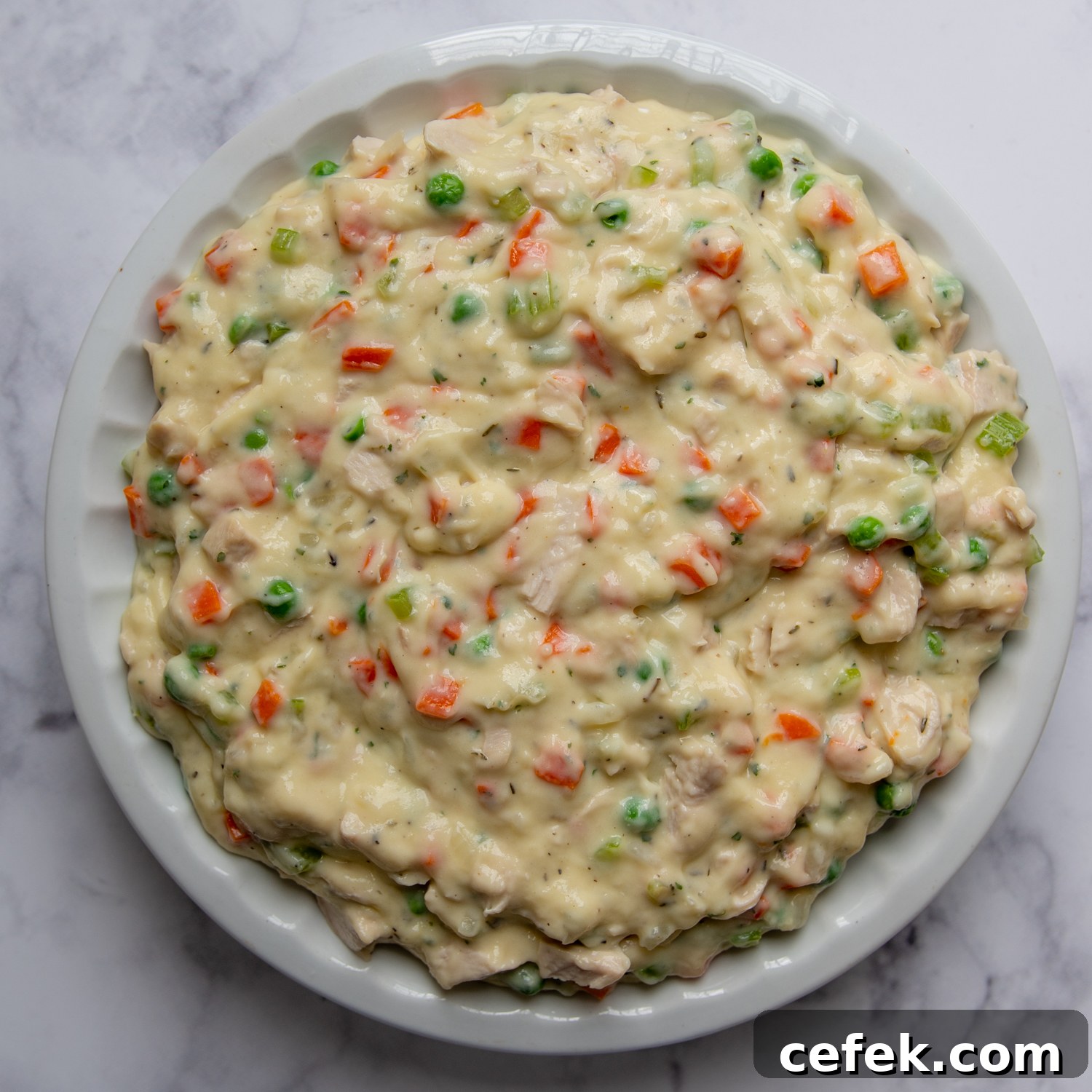 chicken pot pie filling a pie dish.