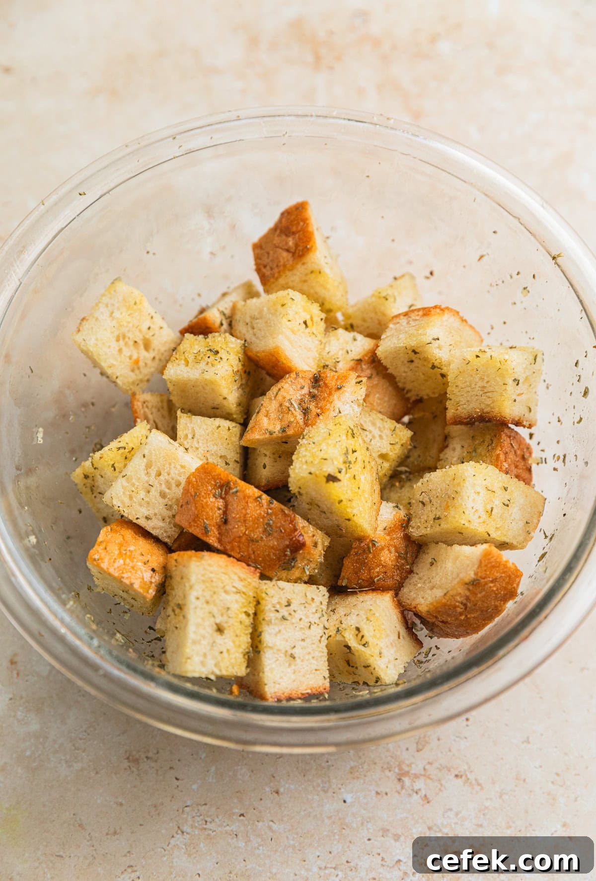 Sourdough bread cubes tossed in olive oil and seasoning.