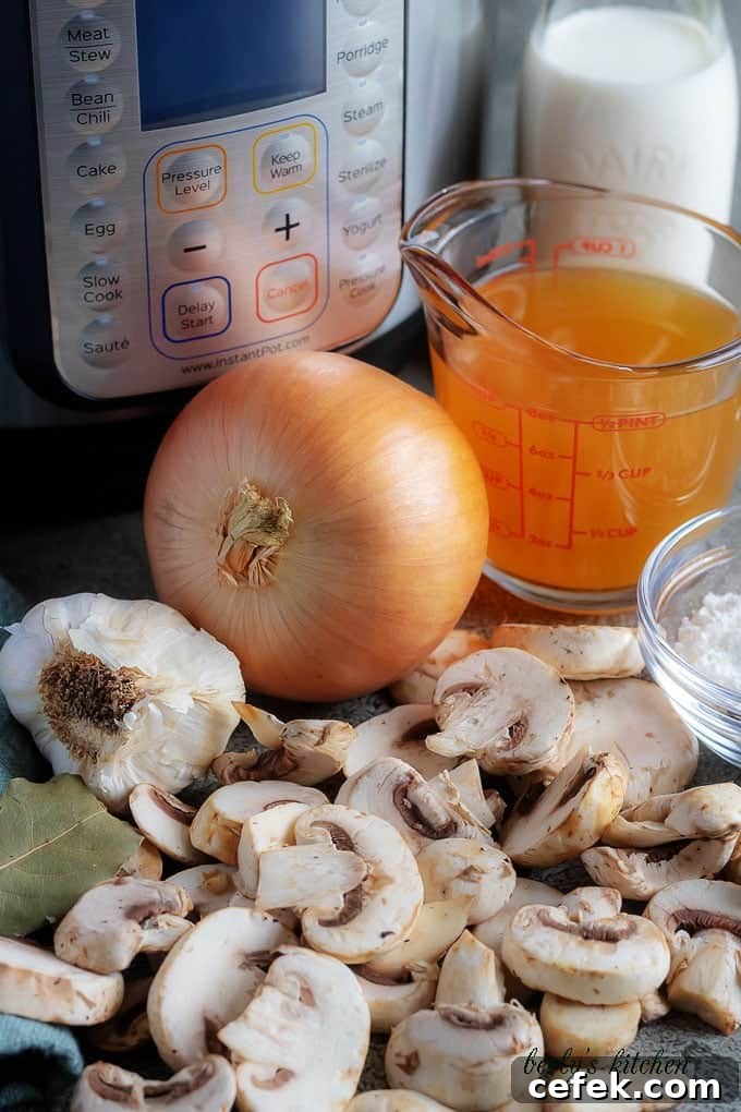 The easy mushroom soup ingredients like fresh mushrooms, vegetable broth, and white onions.