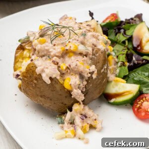 Slow Cooker Jacket Potato served with tuna mayo and sweetcorn and a salad on the side