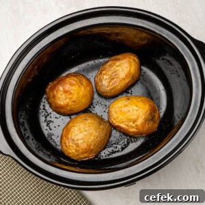 Four cooked potatoes in a slow cooker coated in olive oil, salt and pepper