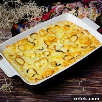 Cheese and Mashed Potato Pie with fried onion rings on top served in a black and white casserole dish