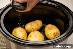 Putting black pepper over four potatoes in an slow cooker
