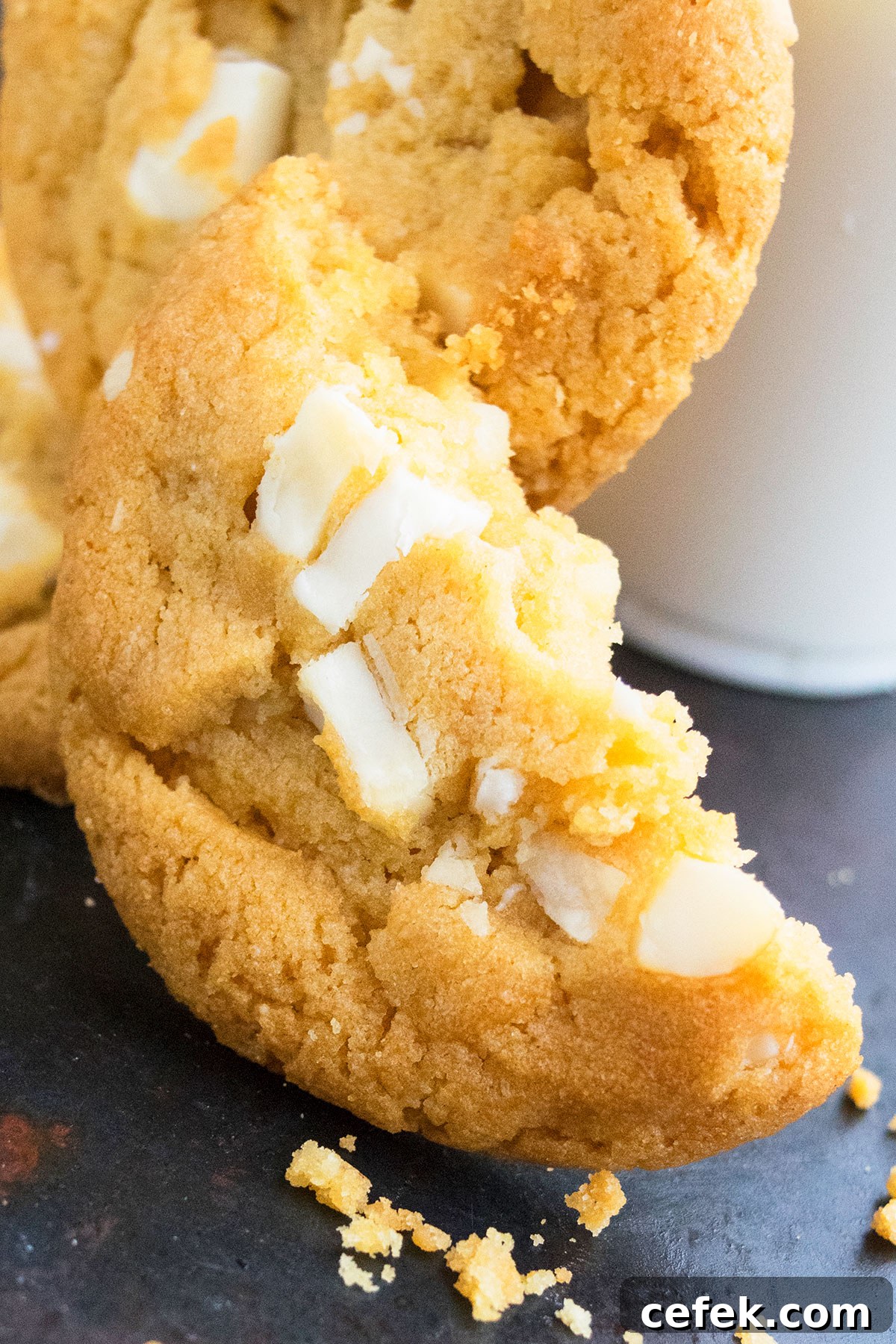 Closeup Shot of Half s Cookie With White Chocolate Chunks. 