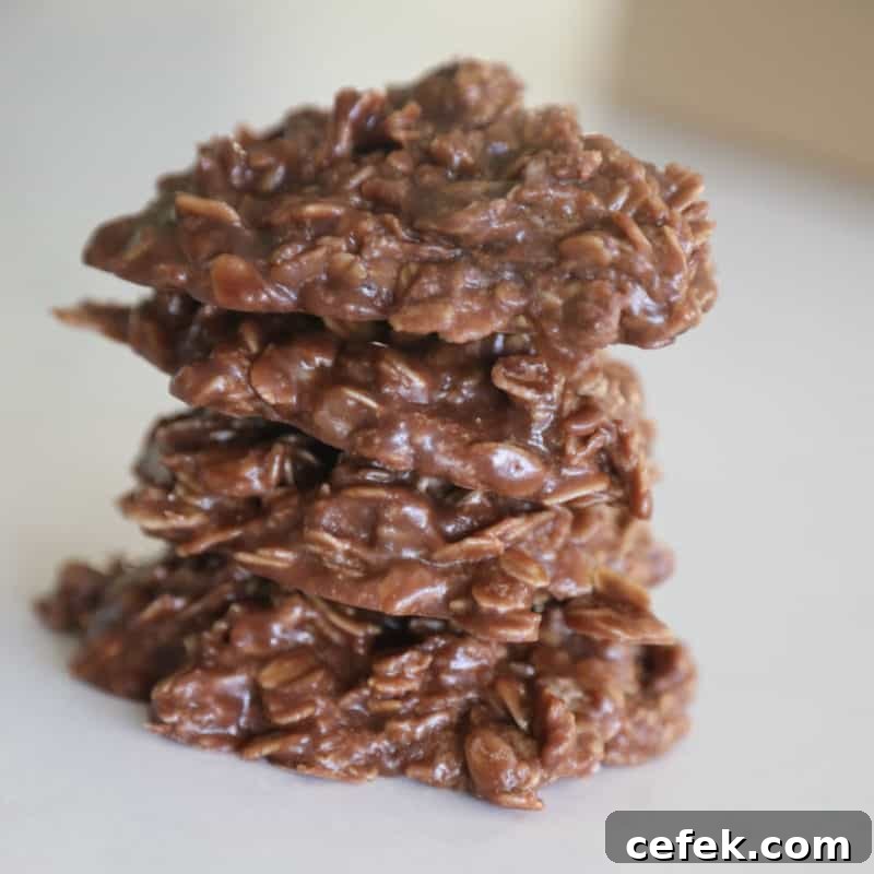 Chocolate Peanut Butter No-Bake Cookies stacked on a white plate