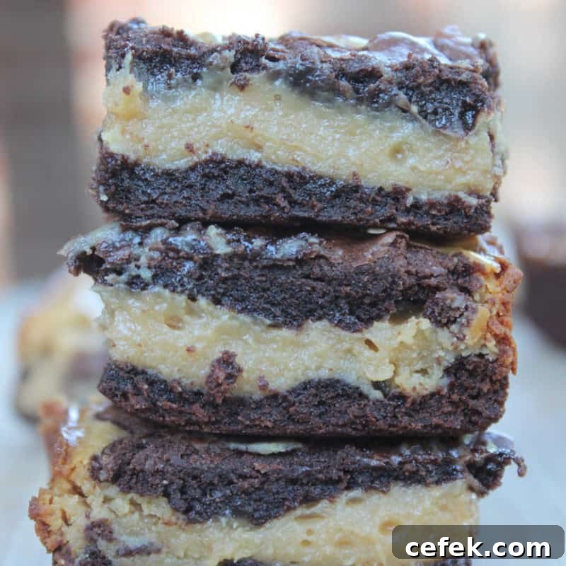 Stack of peanut butter chocolate buckeye bars on a wood plate