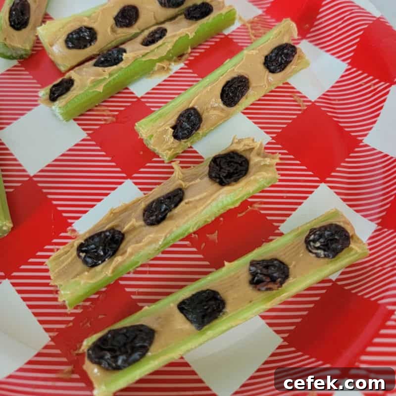 Ants on a Log with peanut butter, raisin, and celery on a red and white plate