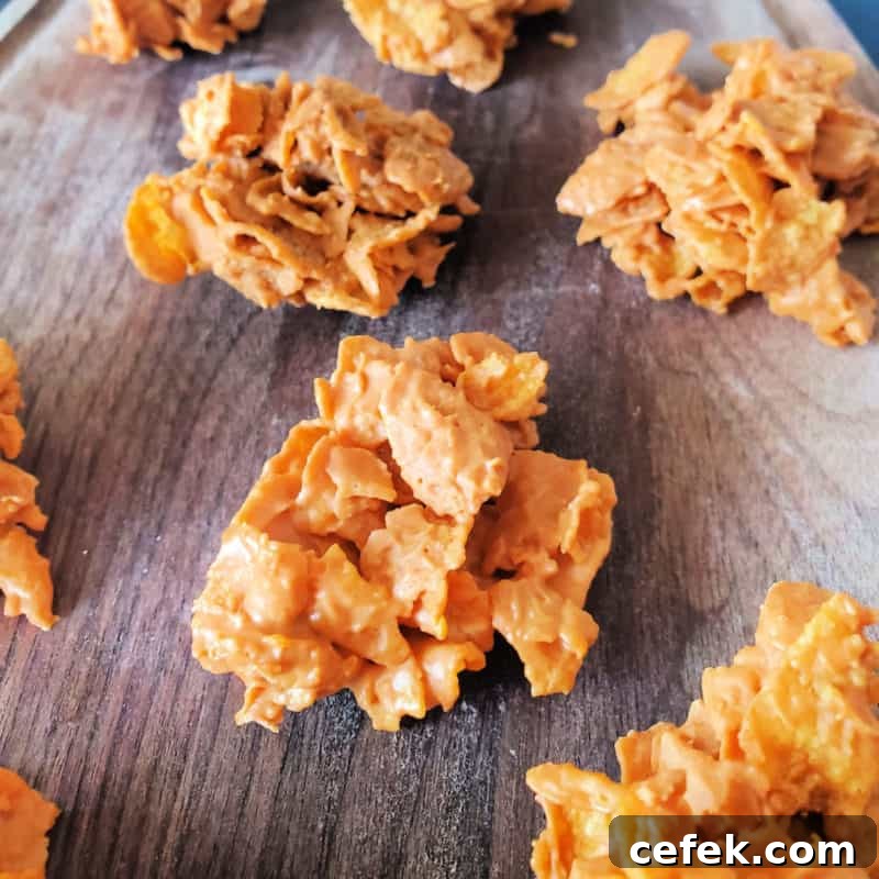 No Bake Butterscotch Cornflake Cookies on wood platter