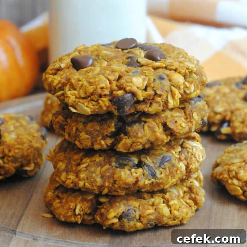 Stack of Pumpkin Oatmeal cookies on a wood board