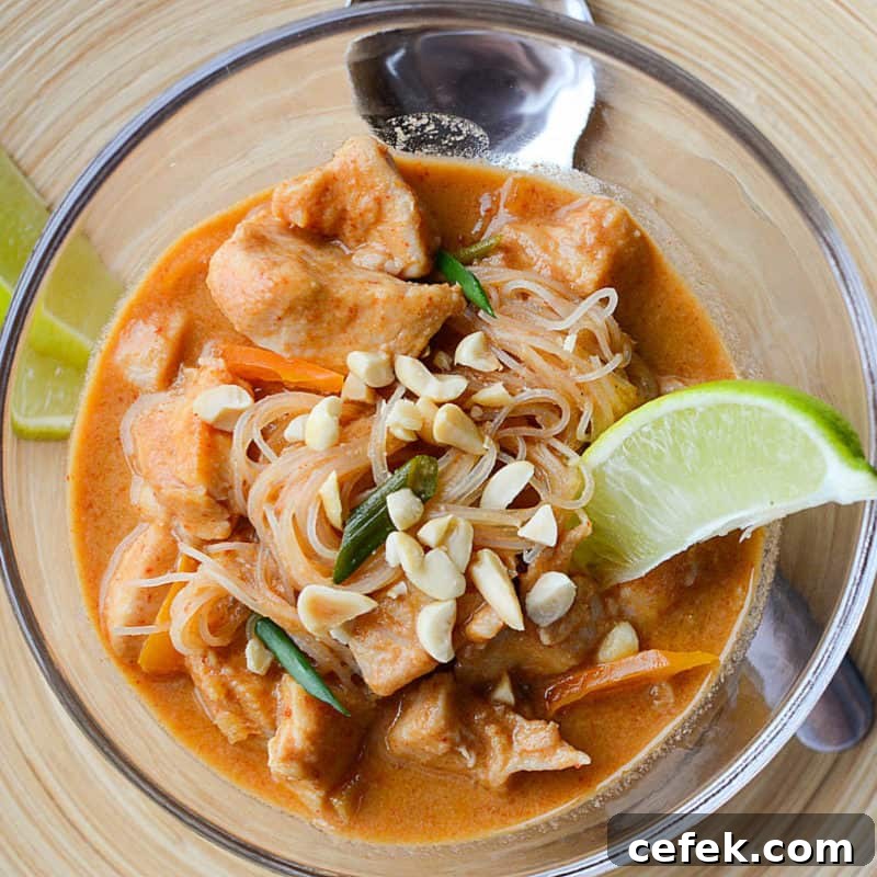 Crock Pot Thai Chicken Stew in a glass bowl next to a spoon and a lime wedge