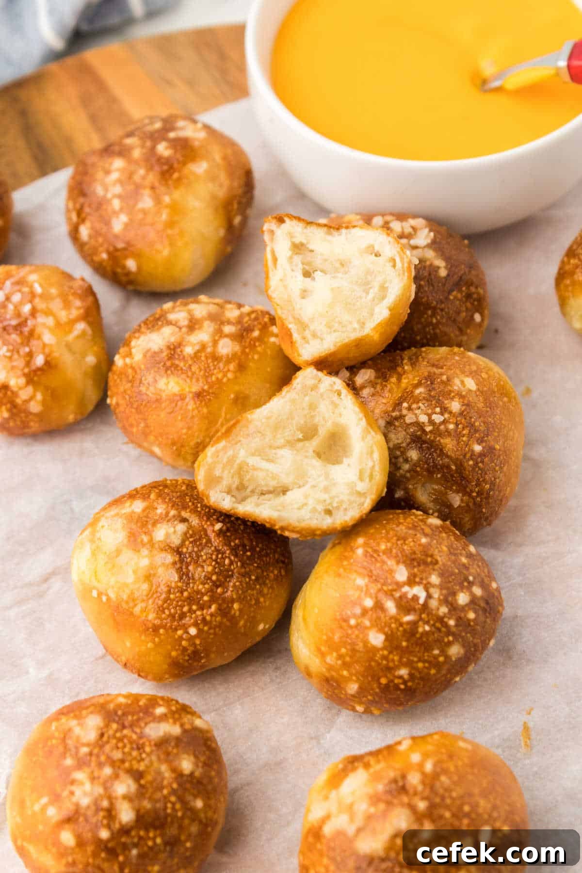 Air fryer pretzel bites on parchment paper.