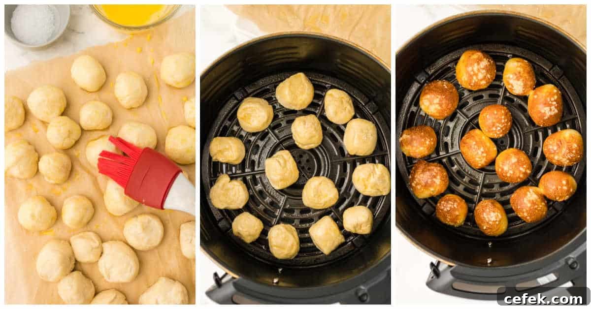 Collage of brushing the dough and cooking in the air fryer.
