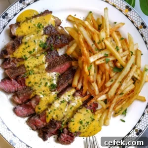 Top-down view of a round white plate with a black and gold geometric border holding sliced steak with sauce and a mound of french fries.