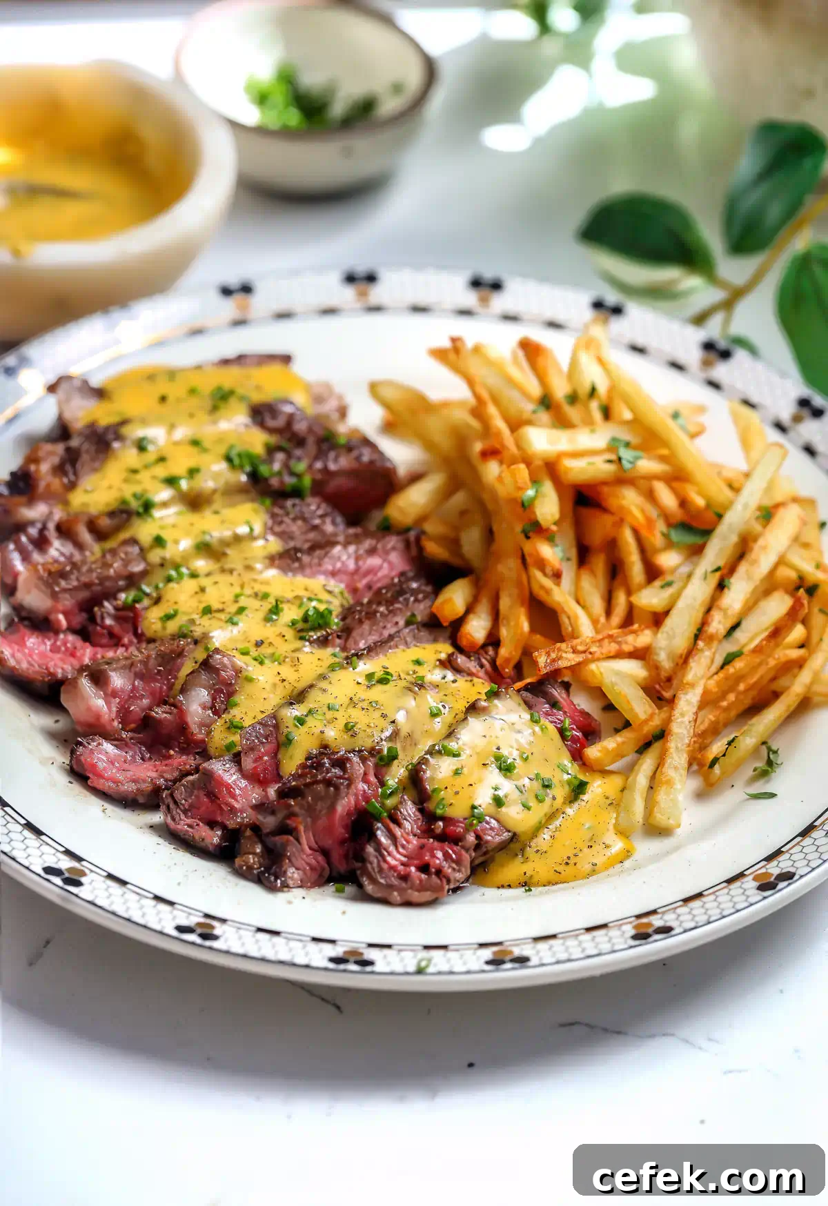 A white plate featuring sliced medium-rare ribeye steak topped with yellow bearnaise sauce and a side of golden crispy french fries.
