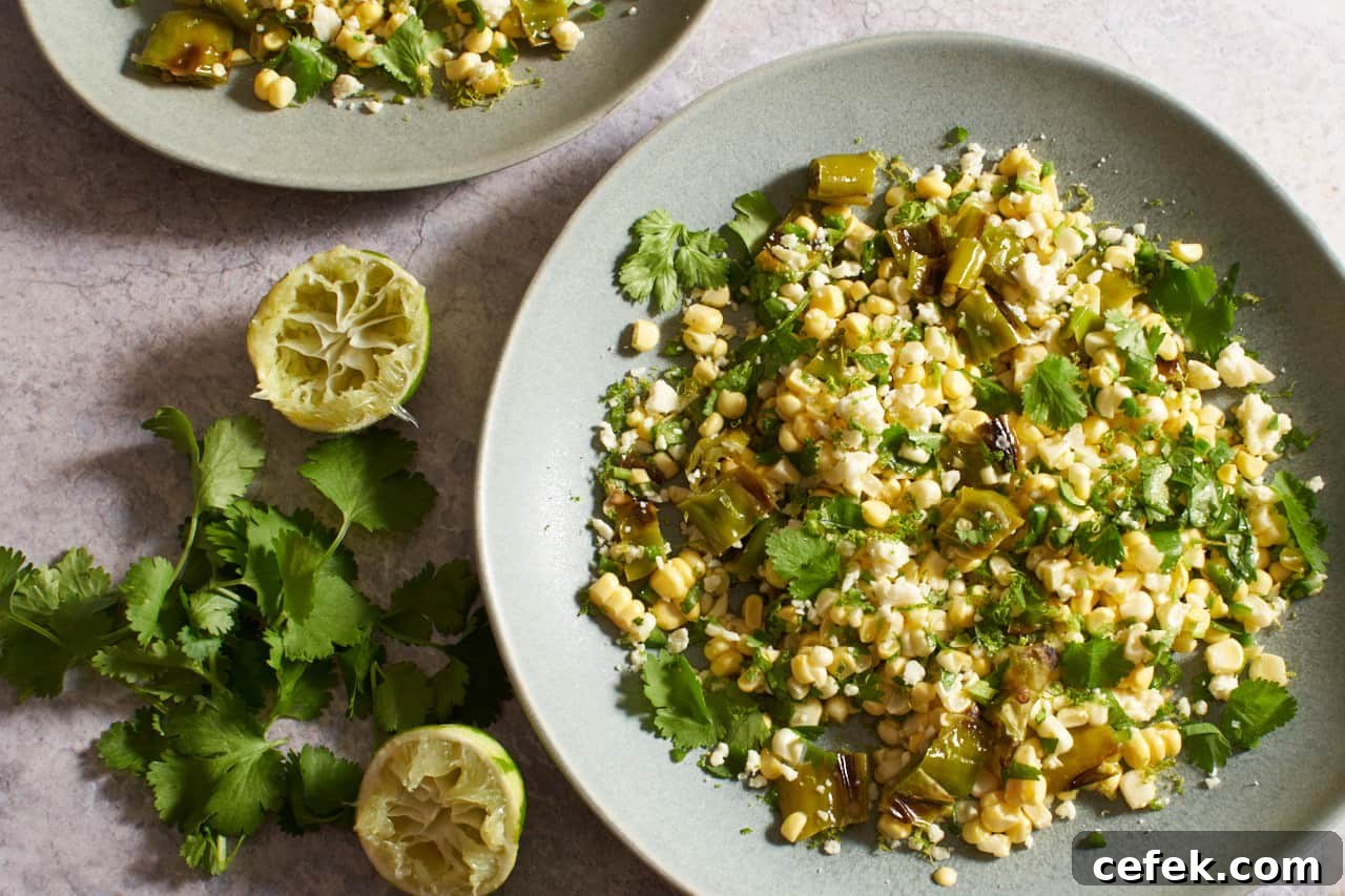 Fresh corn salad on gray plates next to cilantro and squeezed limes.