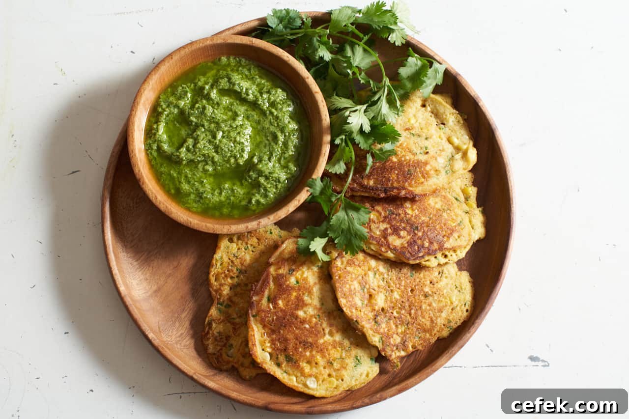 Corn cakes with a bowl of guasacaca on a wooden plate.