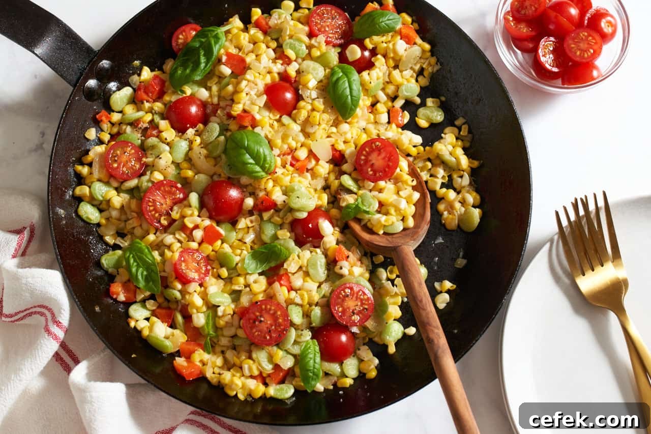 Succotash topped with fresh basil in a black skillet.