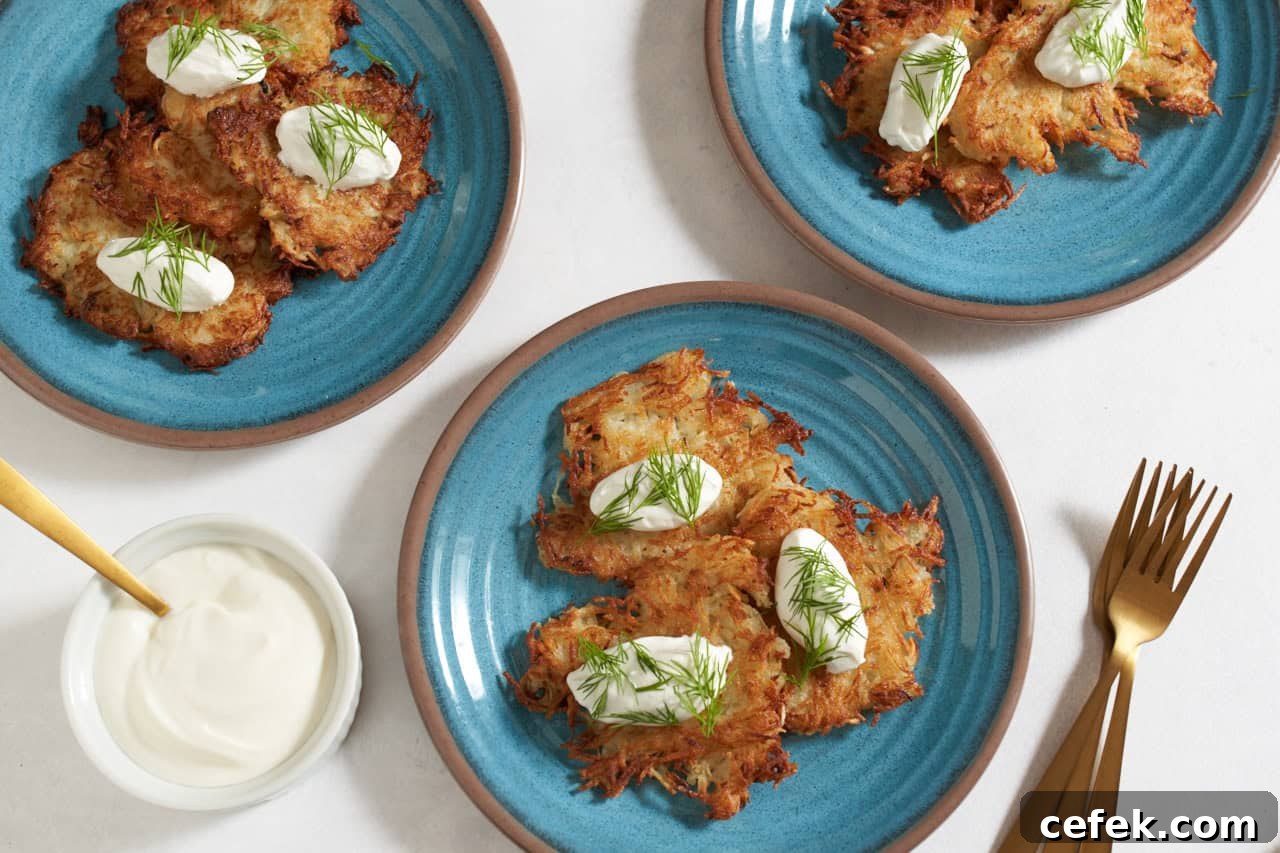 Ukrainian potato pancakes topped with sour cream and dill on plates.