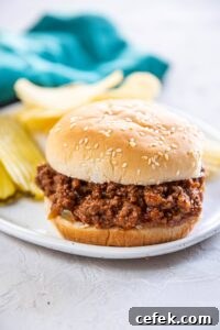 sloppy Joe with bun on white plate with pickles and chips