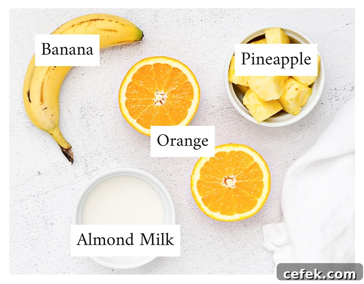 A labeled picture of banana, pineapple, orange, and almond milk.