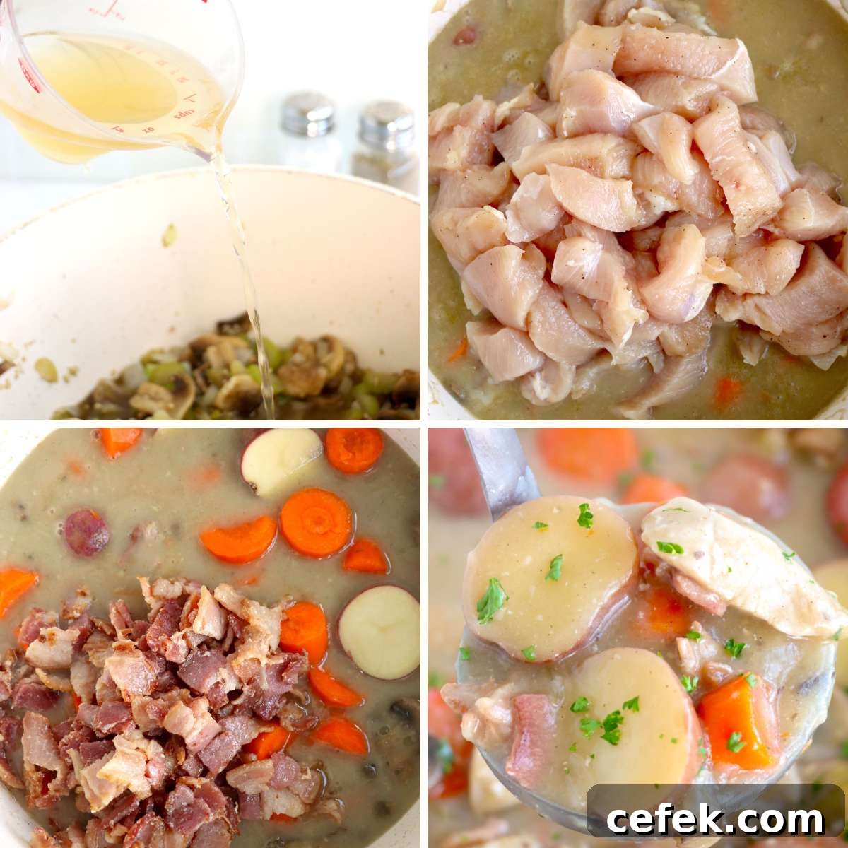 Collage of four images showing how to make chicken stew.