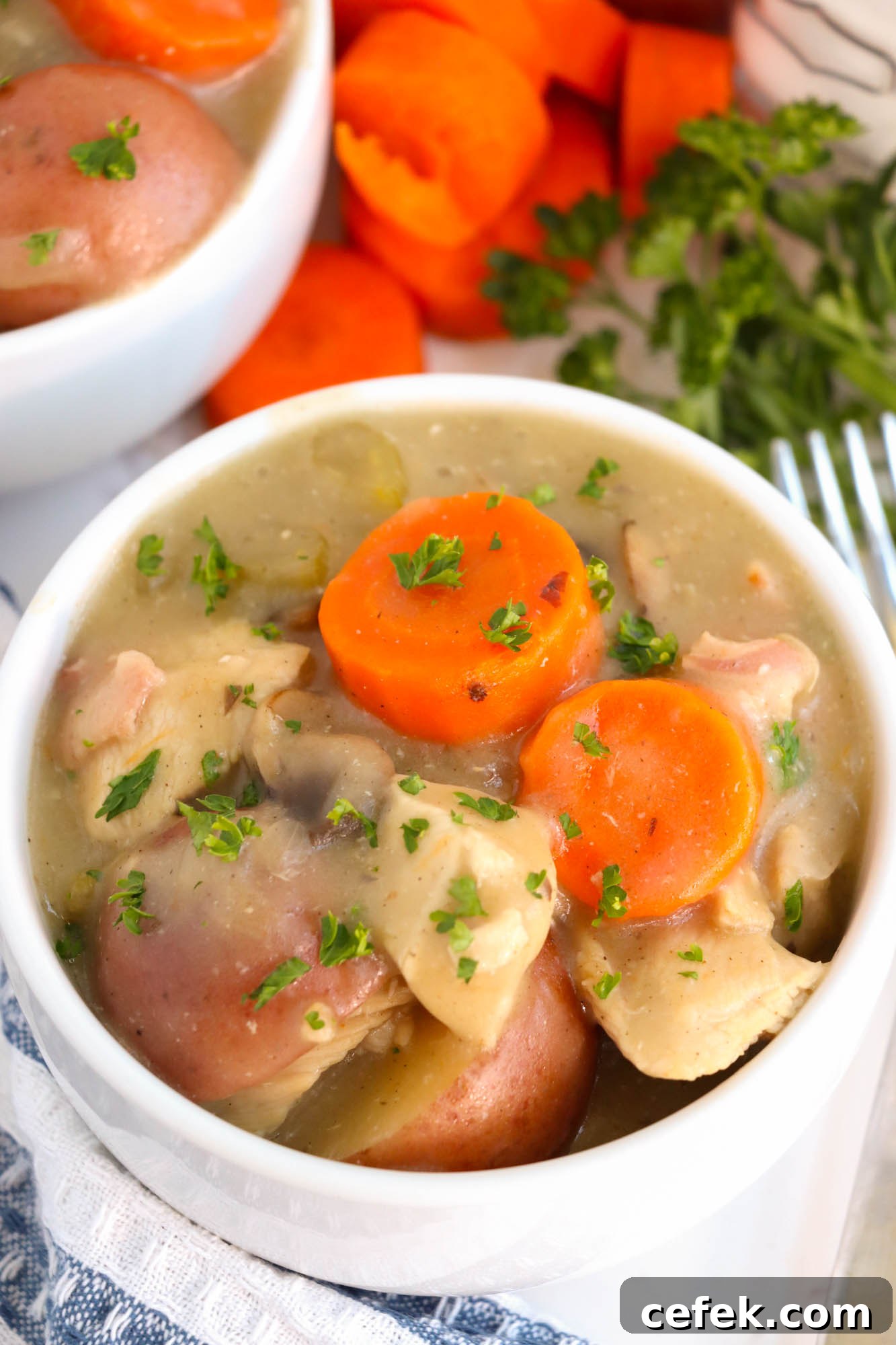Chicken stew served in a small white bowl.