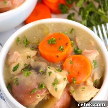 Chicken stew served in a small white bowl