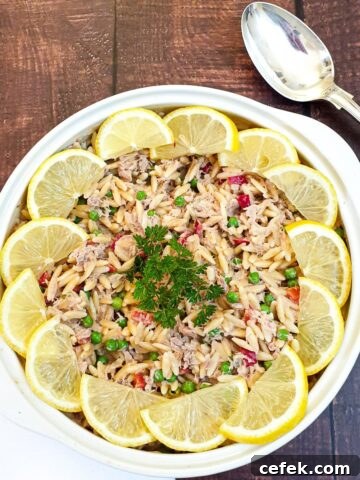 A bowl of tuna noodle pasta garnished with lemon slices.