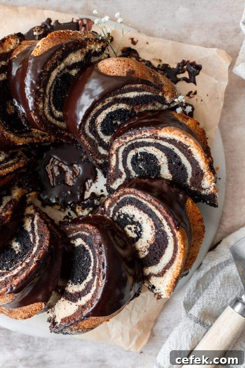 Close-up of the chocolate marbled bundt cake