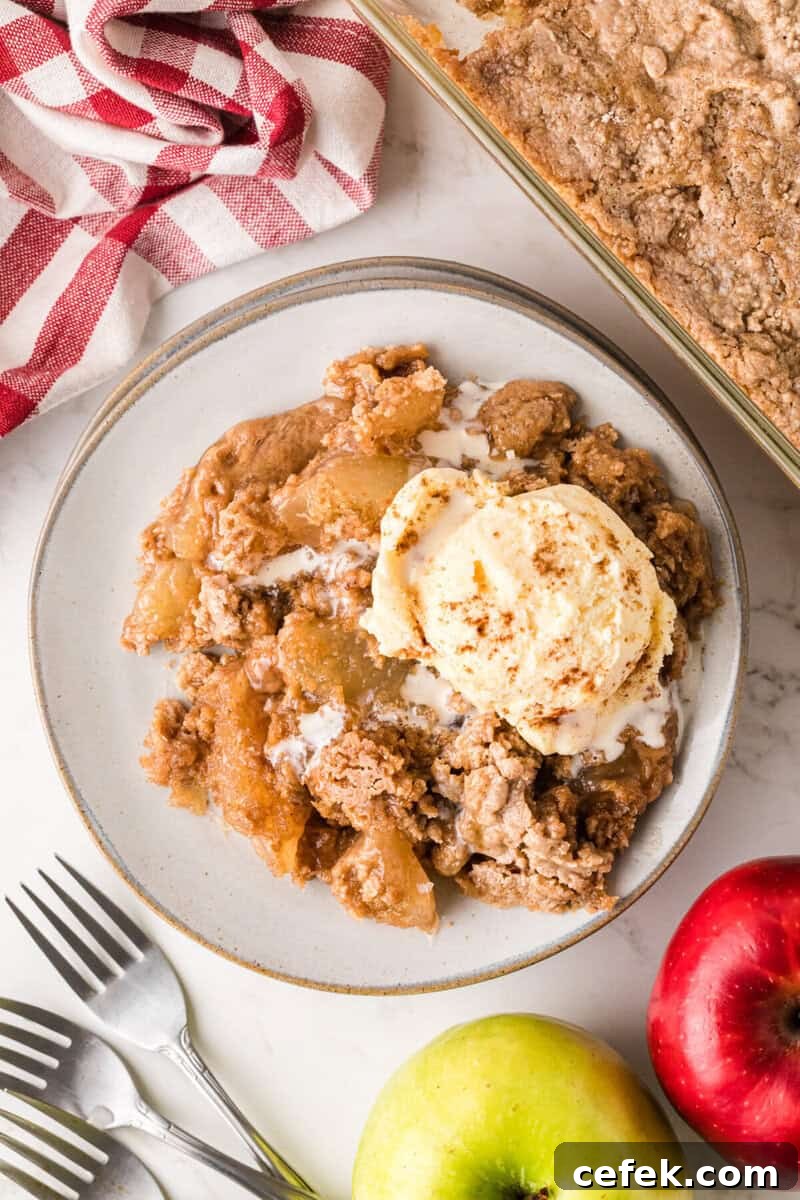 top-down view of the Apple Spice Dump Cake served on a white plate.