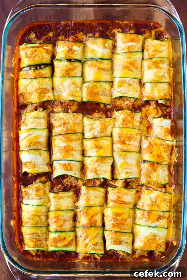 Chicken Stuffed Zucchini Enchiladas have a creamy chicken filling and are topped with sauce and cheese