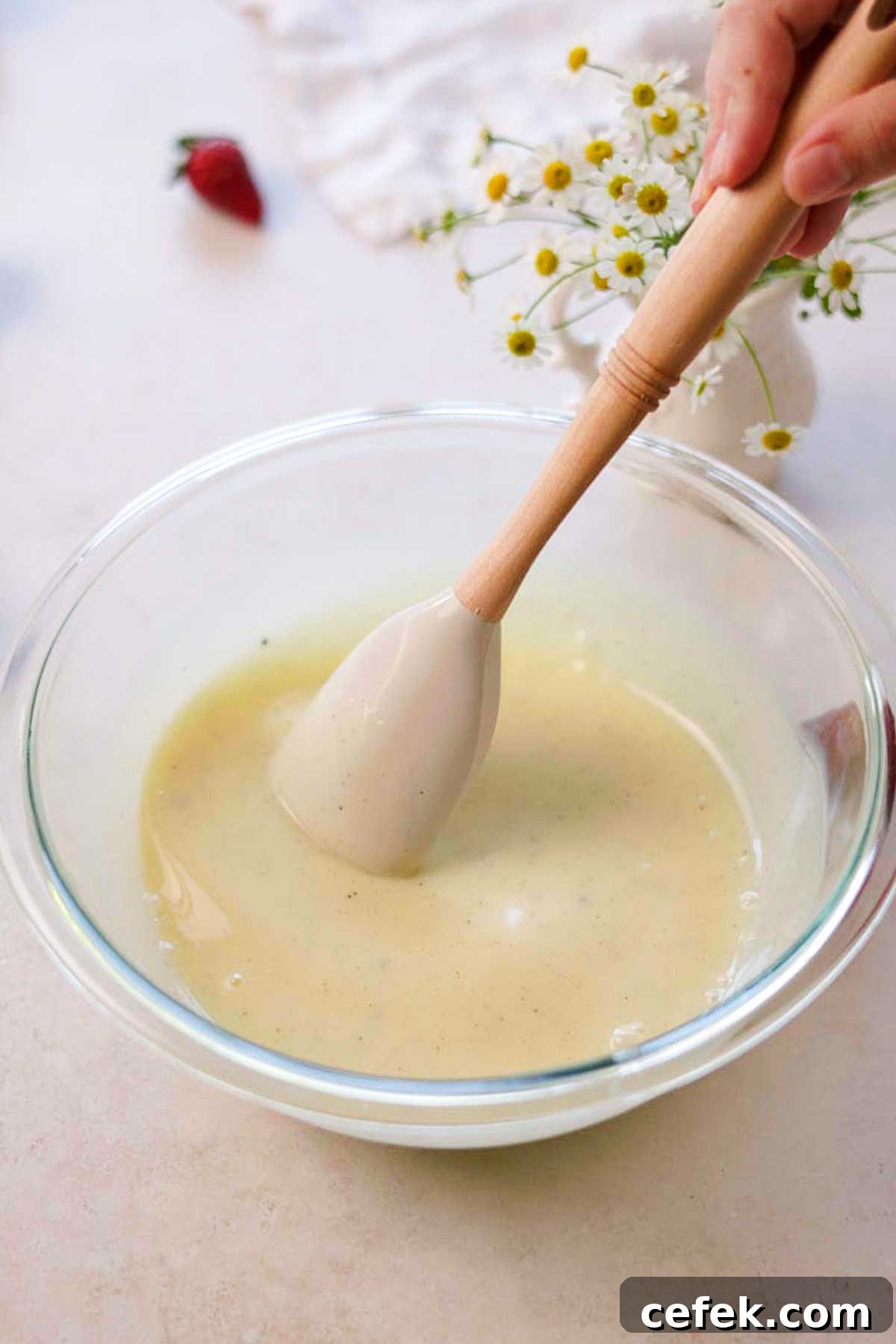 melted white chocolate ganache being mixed in a glass bowl with a spatula