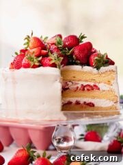 vanilla layered cake filled with white frosting and fresh strawberries