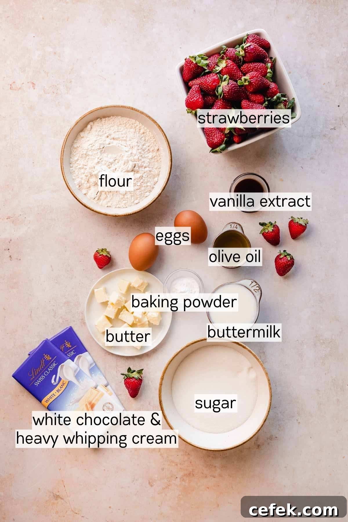 strawberry white chocolate cupcake ingredients sitting on a table in small bowls
