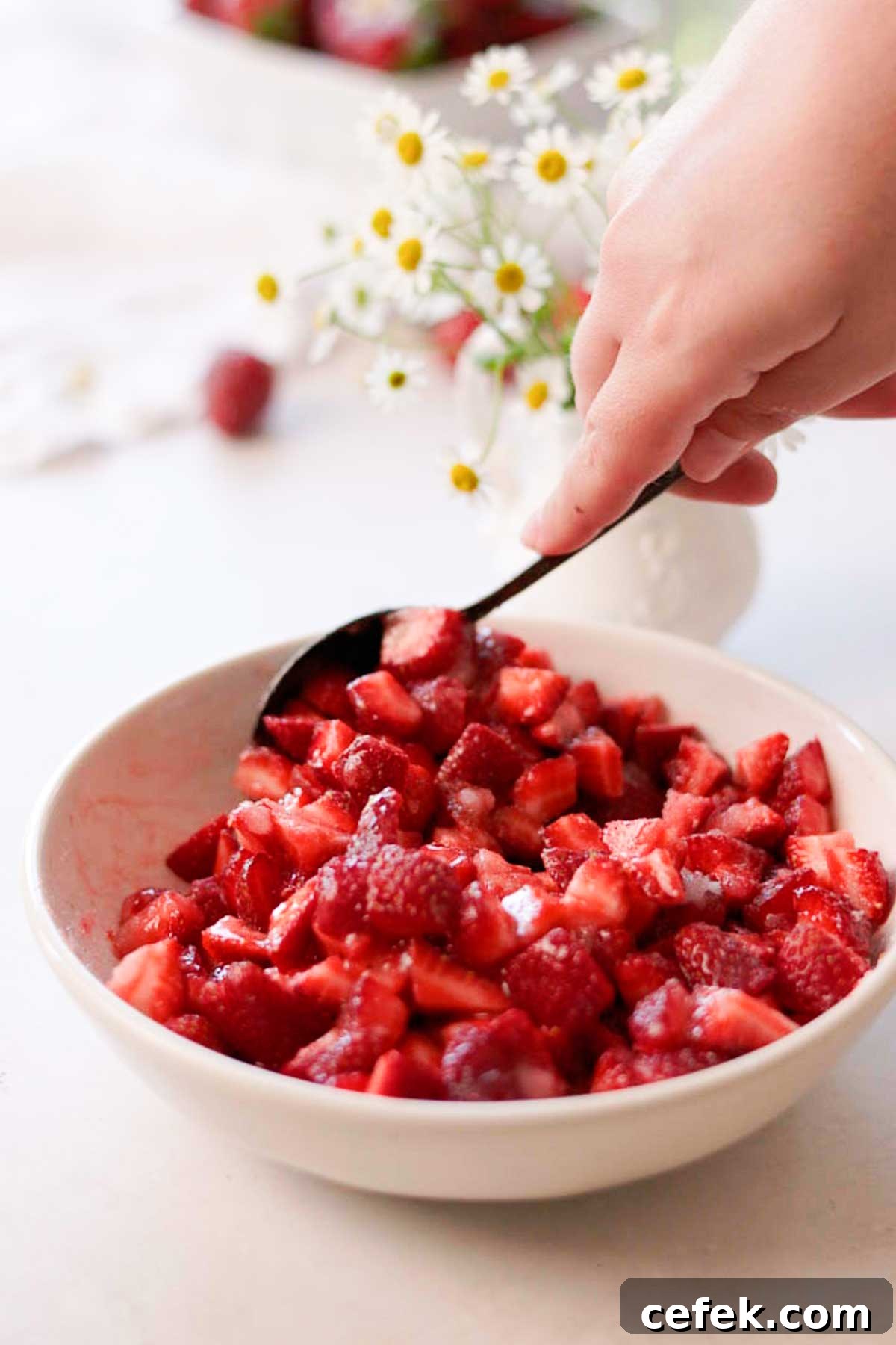 scooping the fresh strawberry sugar lemon mix with a spoon