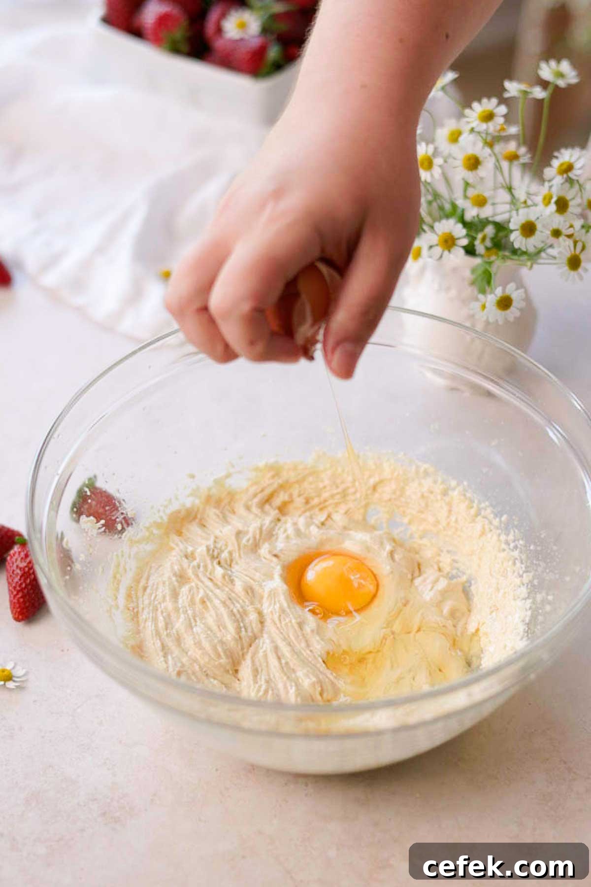 adding an egg to the cupcake batter in a glass bowl