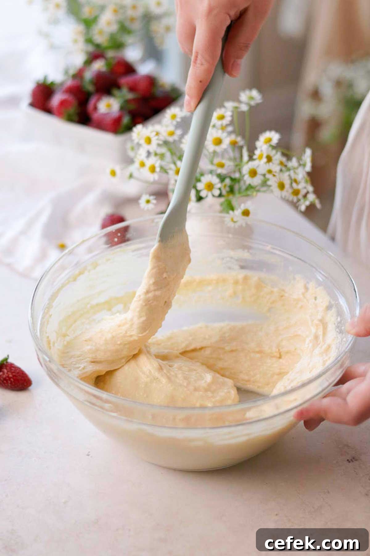 folding vanilla cupcake batter with a spatula in a glass bowl