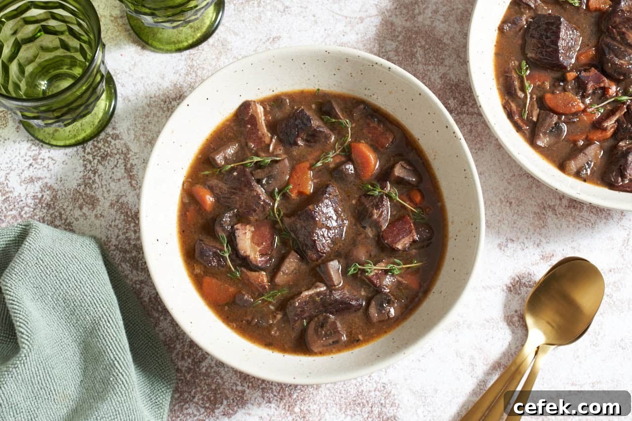 A bowl of slow cooker beef bourguignon topped with fresh thyme, another bowl and gold spoons are on the right, two green glasses are in the upper left.