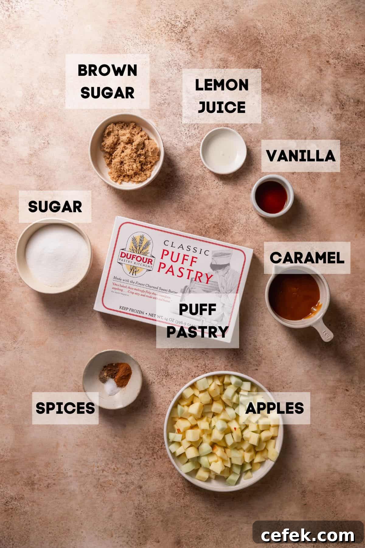 Ingredients needed to make apple pie cookies in bowls with labels.