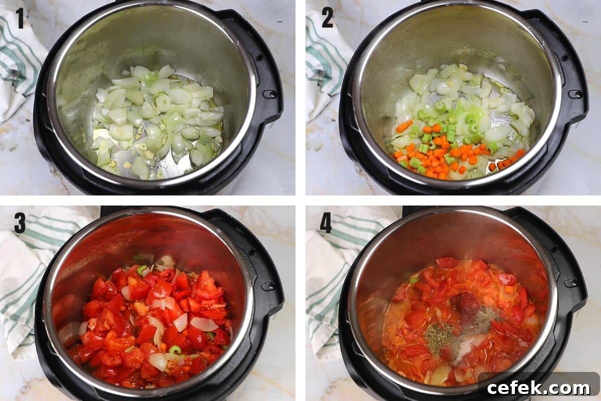 A collage of 4 photos showing how to saute vegetables to make tomato soup.