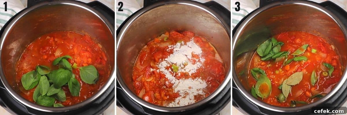 A collage of three images showing how to add basil and thicken the tomato basil soup.
