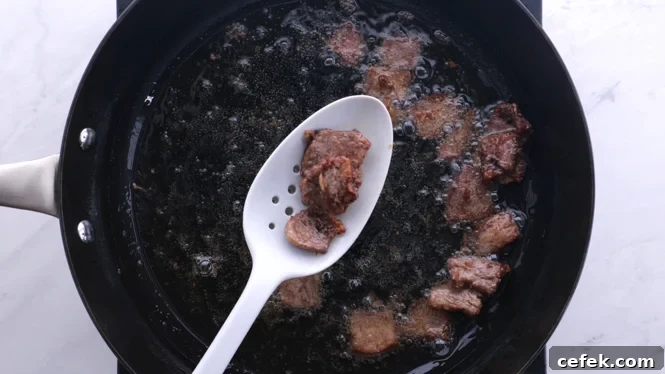 frying beef in batches