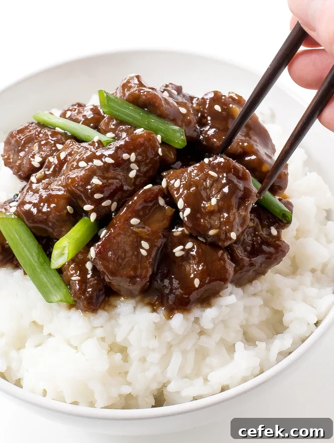 A bowl of white rice topped with beef then sprinkled with white sesame seeds