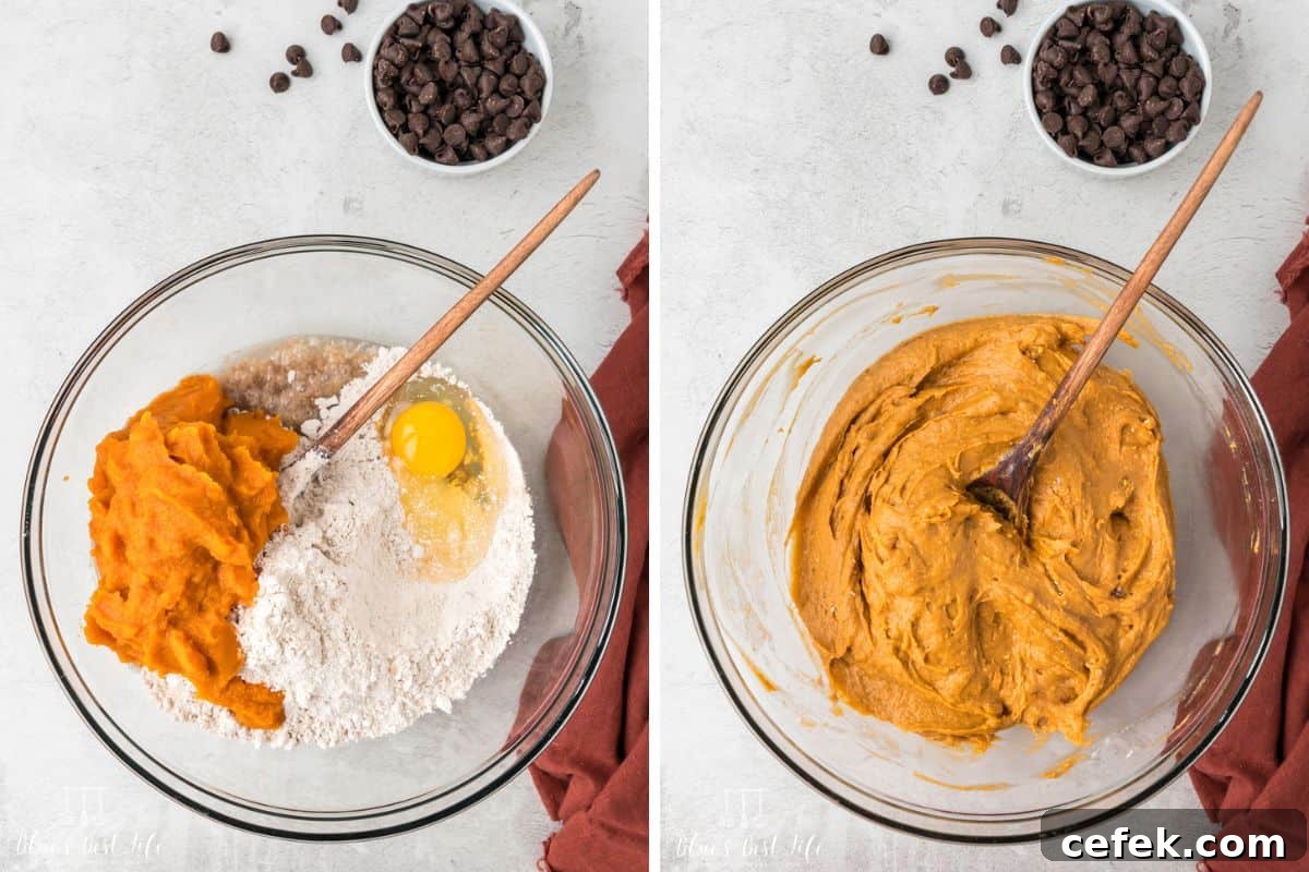 Mixing the batter together. 