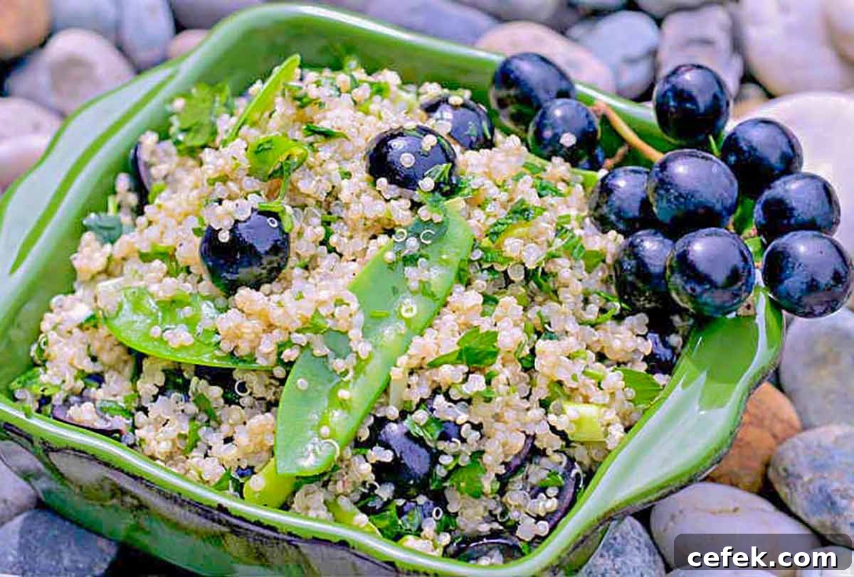 light quinoa salad with grapes and sweet peas