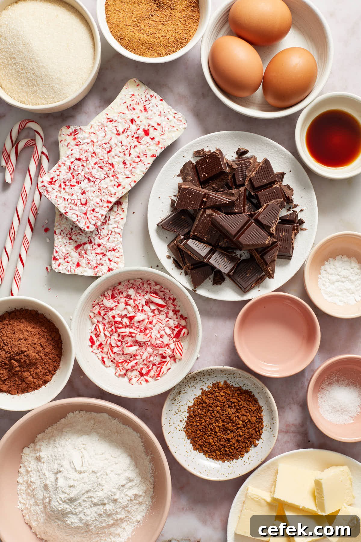 Ingredients to make peppermint mocha brownies arranged in individual dishes.